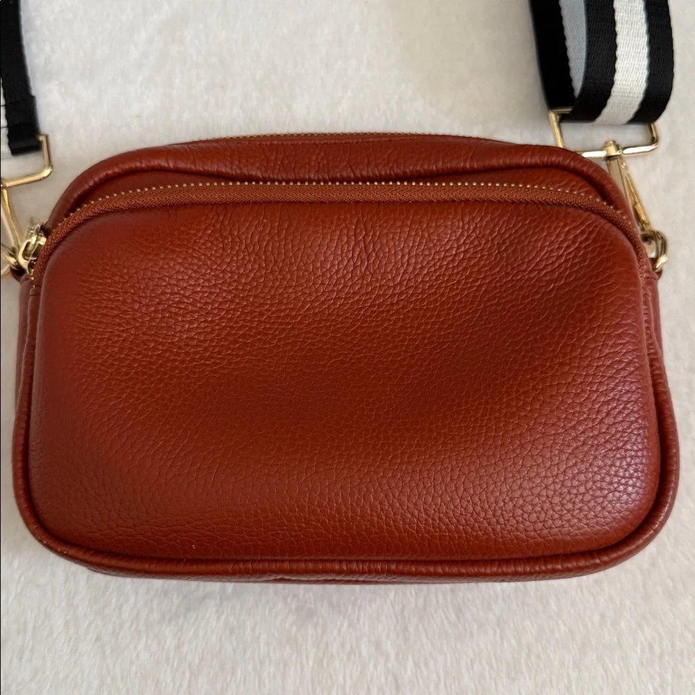 Pom Pom London | Mayfair Pebbled Leather Crossbody Bag B&W Stripe Strap Brown - Picture 2 of 15